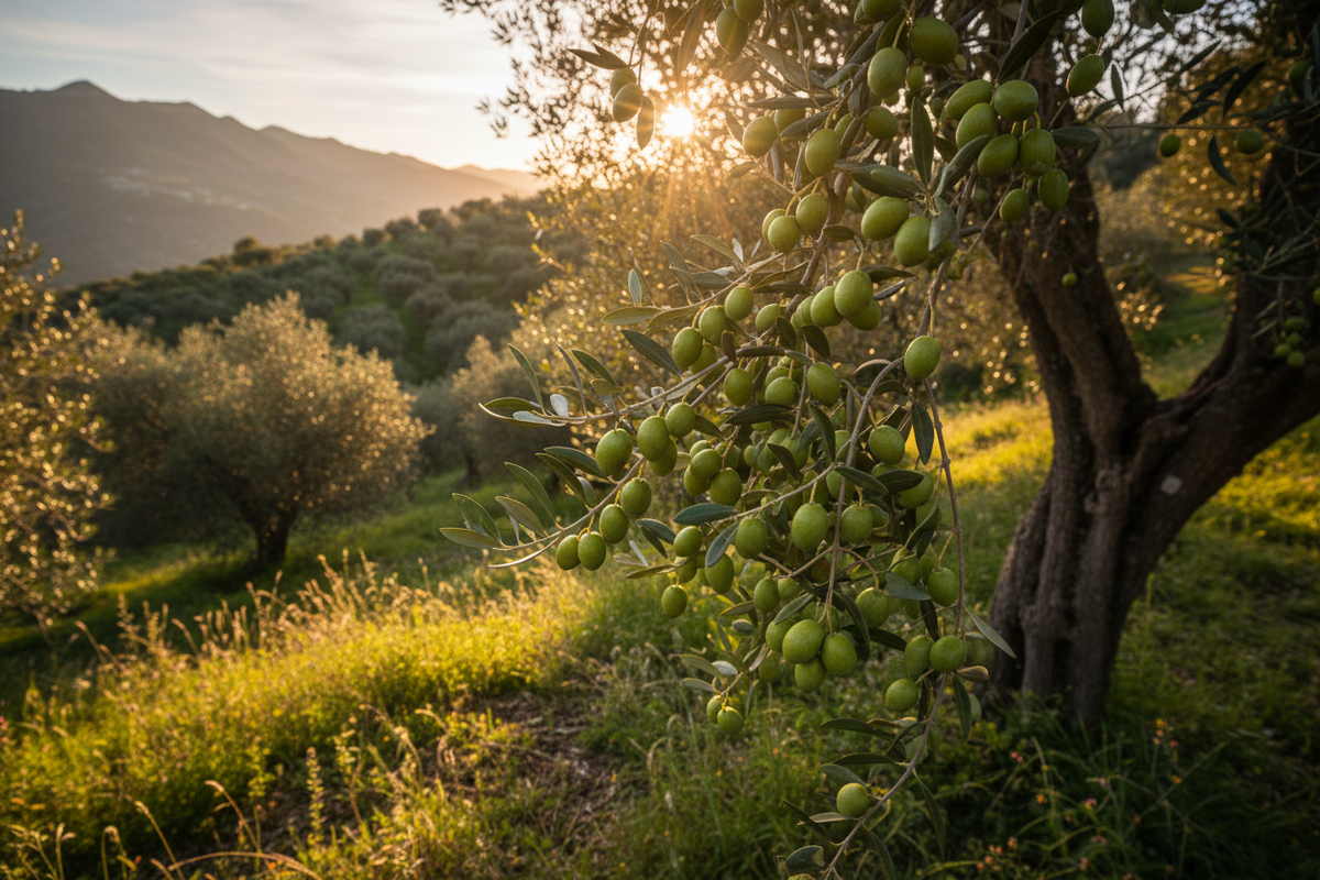 Aceitunas verdes de cosecha temprana en el olivar de montaña de Al AlbaolivA, Sierra Sur de Jaén"