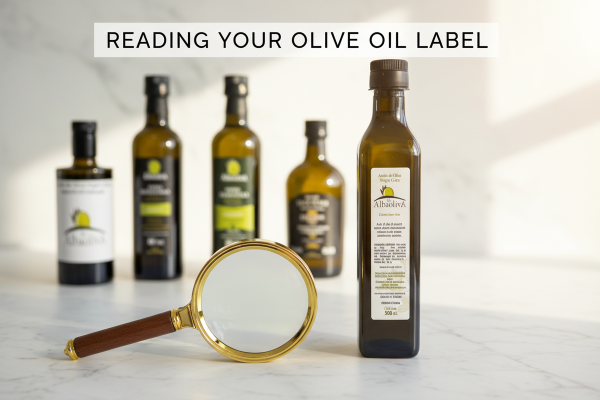 Botella AOVE Al AlbaolivA sobre mármol con lupa etiquetado aceite oliva virgen extra