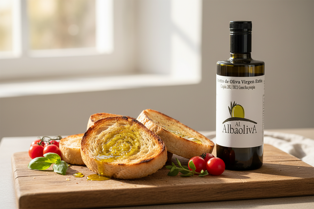 Tostadas con aceite de oliva virgen extra Al AlbaolivA cosecha temprana desayuno saludable