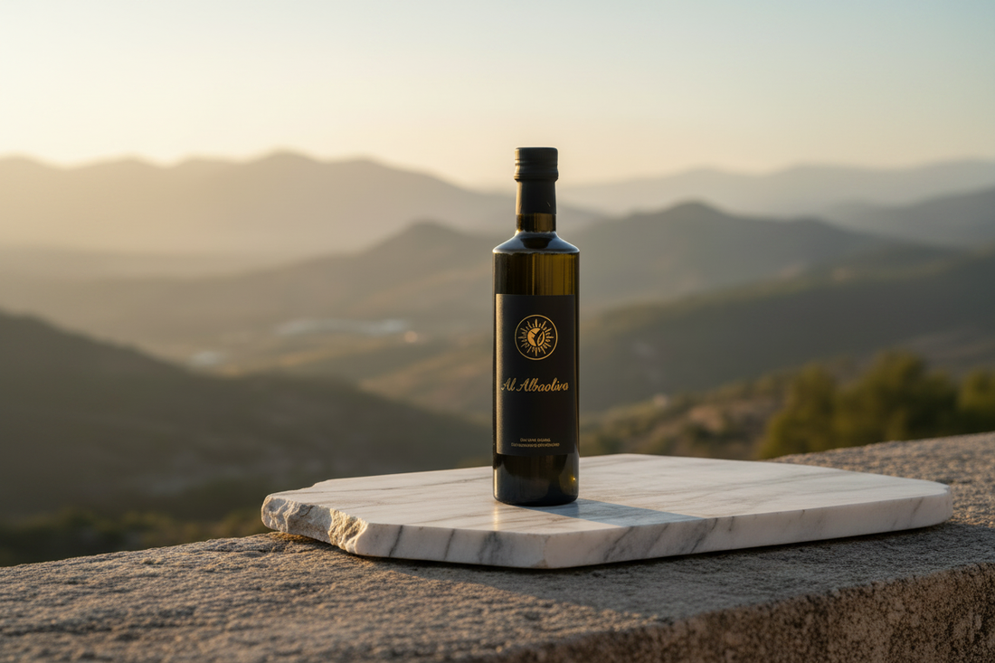 Botella AOVE Al AlbaolivA con ramas de olivo beneficios aceite oliva virgen extra